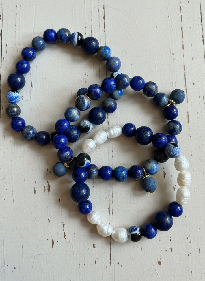 Lapis Sodalite Pearls - trio bracelet
