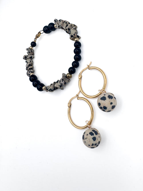 Dalmatian Jasper Beaded Bracelet and Hoop Earring Set