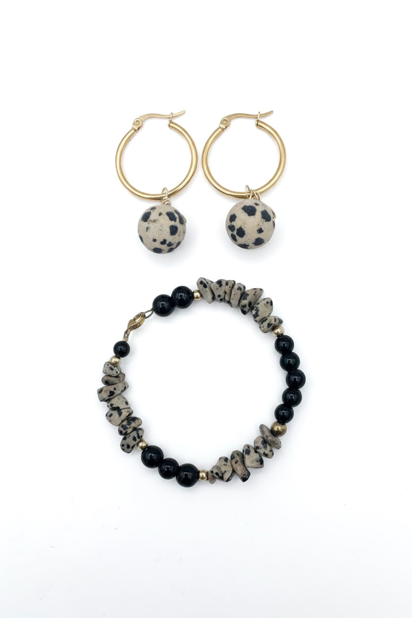 Dalmatian Jasper Beaded Bracelet and Hoop Earring Set