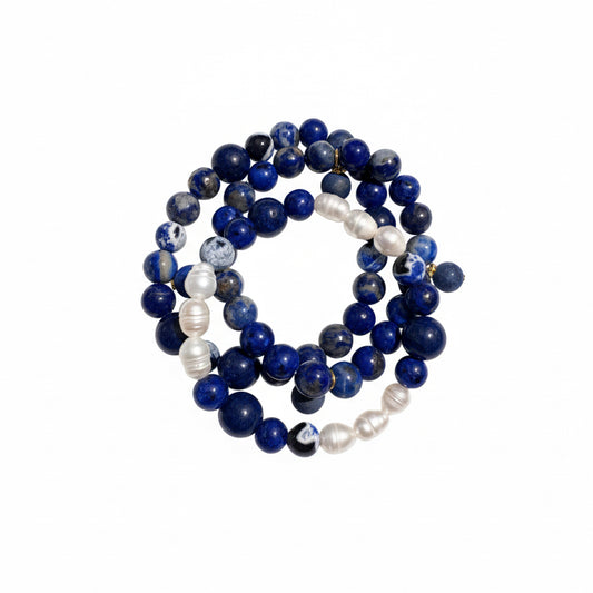 Blue Lapis Sodalite Pearls Trio Bracelet