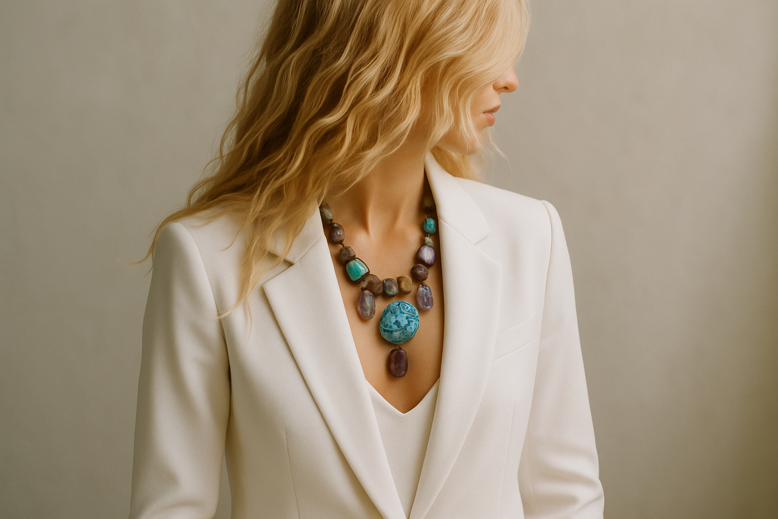  Blond hippi chic without face in white business costume having a stone statement necklace 