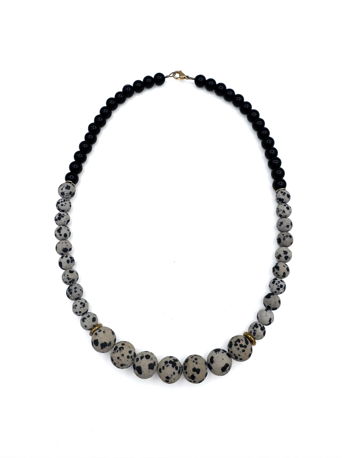 lapisatelier.com beaded statement necklace with black beads and spotted Dalmatian jasper featuring gold-toned accents