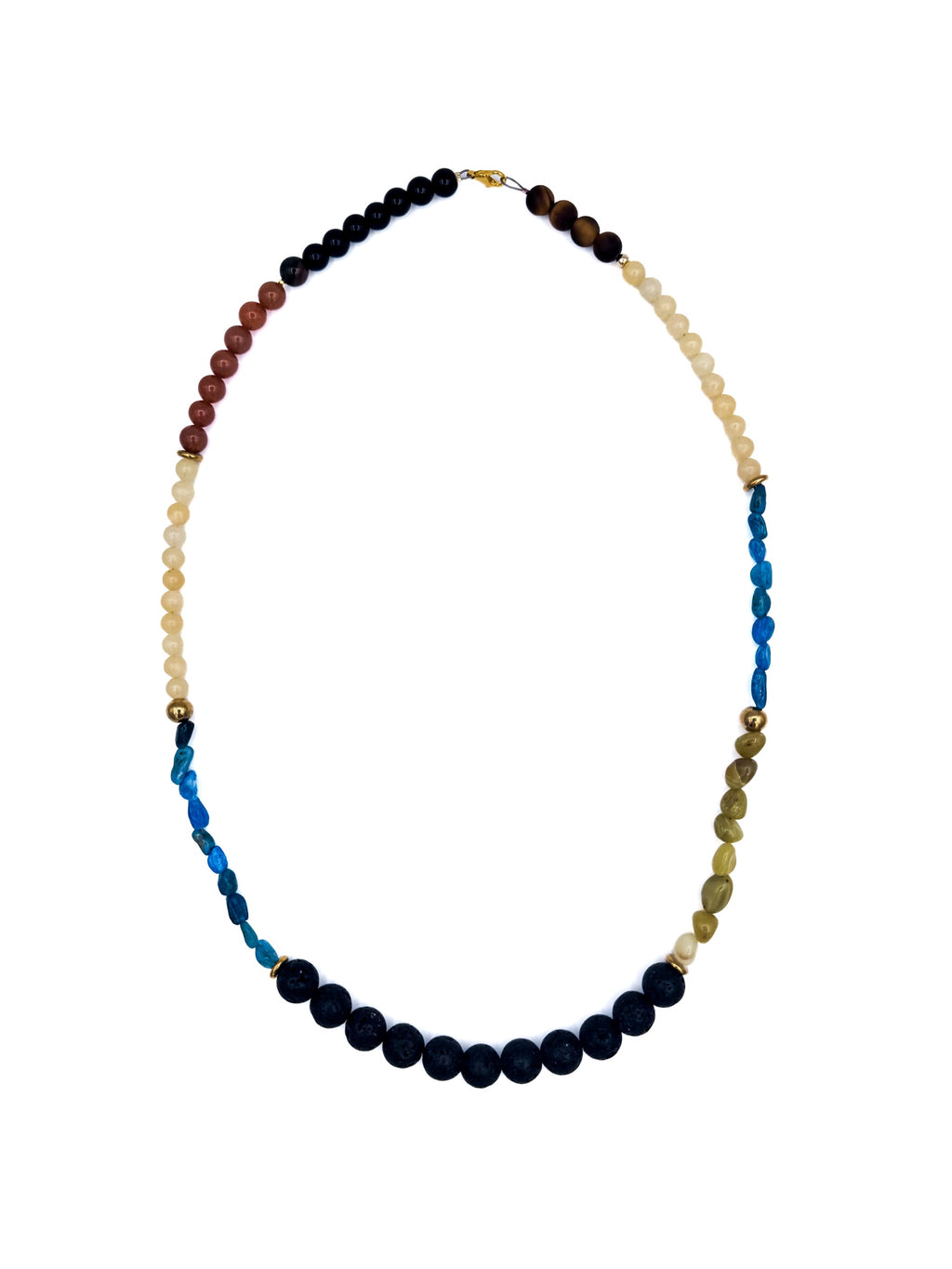 lapisatelier.com multicoloured gemstone beaded necklace with textured lava beads and polished gold-tone spacers.