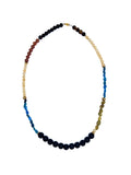 lapisatelier.com multicoloured gemstone beaded necklace with textured lava beads and polished gold-tone spacers.