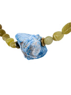 lapisatelier.com handcrafted necklace with a raw blue stone pendant and olive-green jade-toned beads